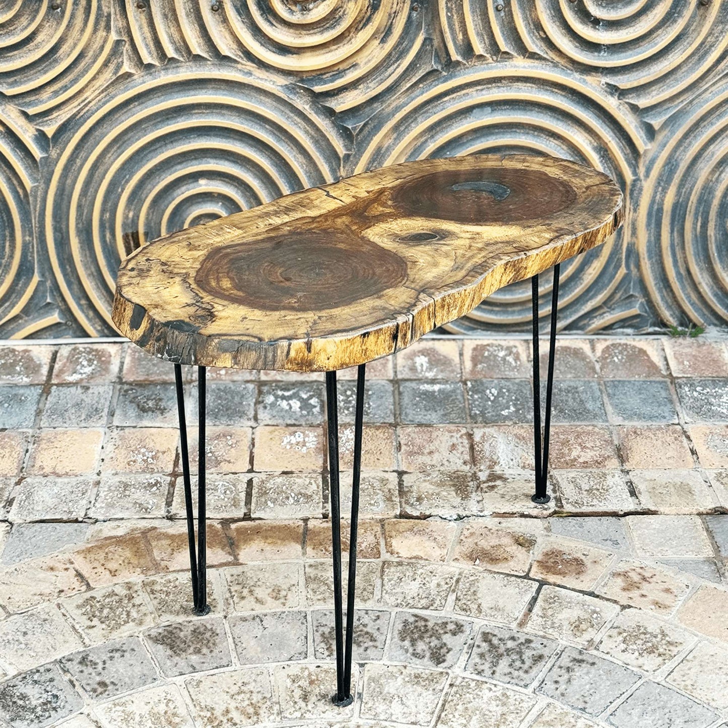 live edge wooden coffee table elliptical shape front left
