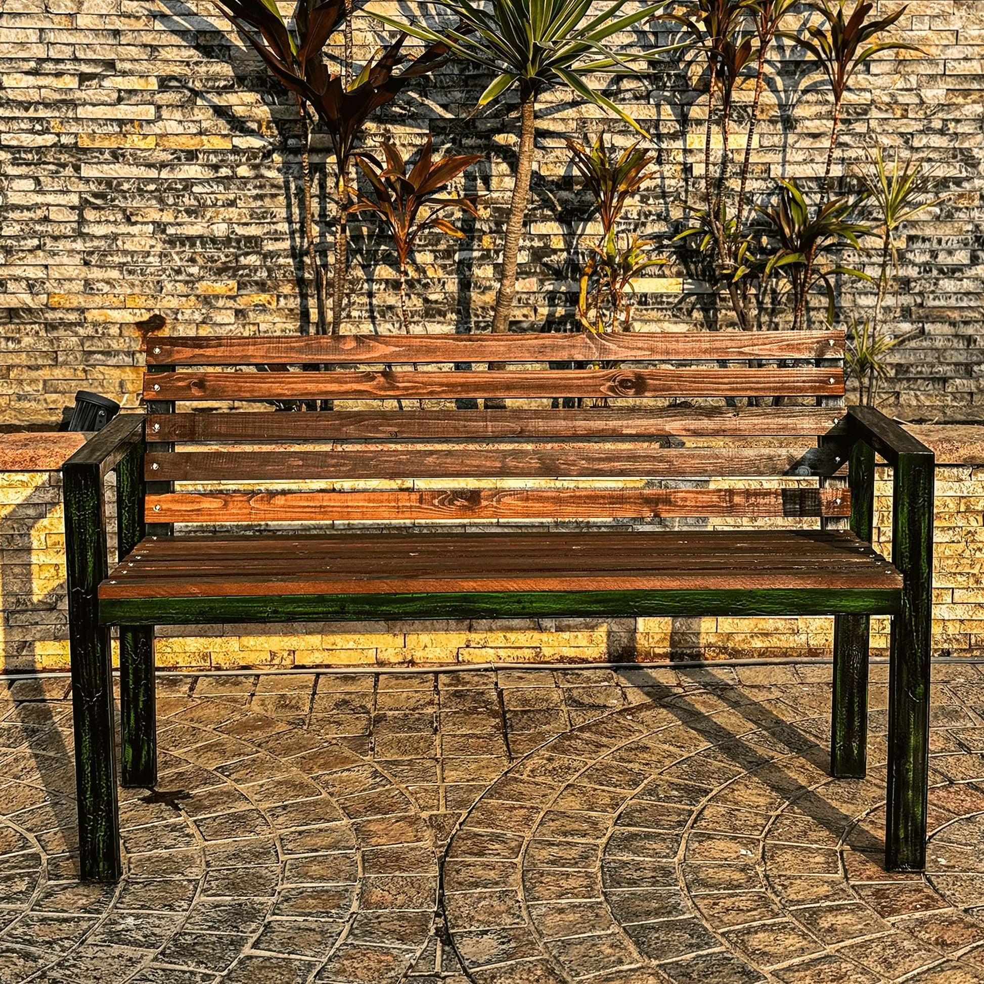 steel and wooden garden bench square shaped front