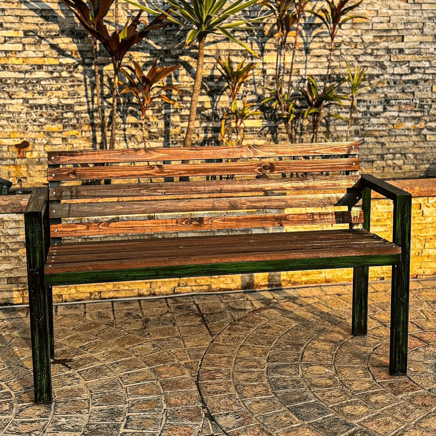 steel and wooden garden bench square shaped left lift
