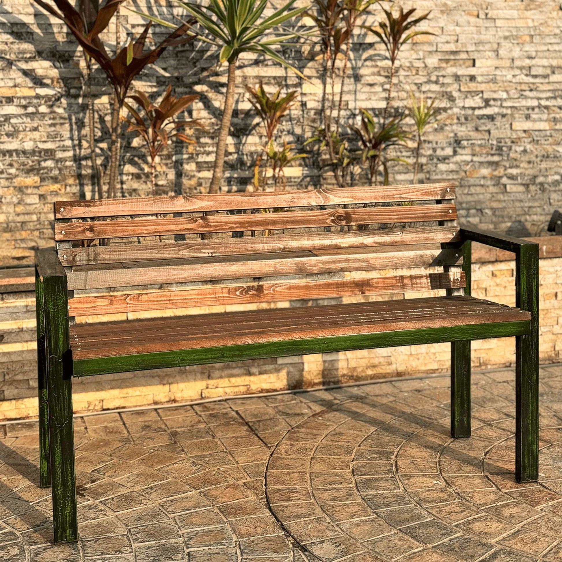 steel and wooden garden bench square shaped left