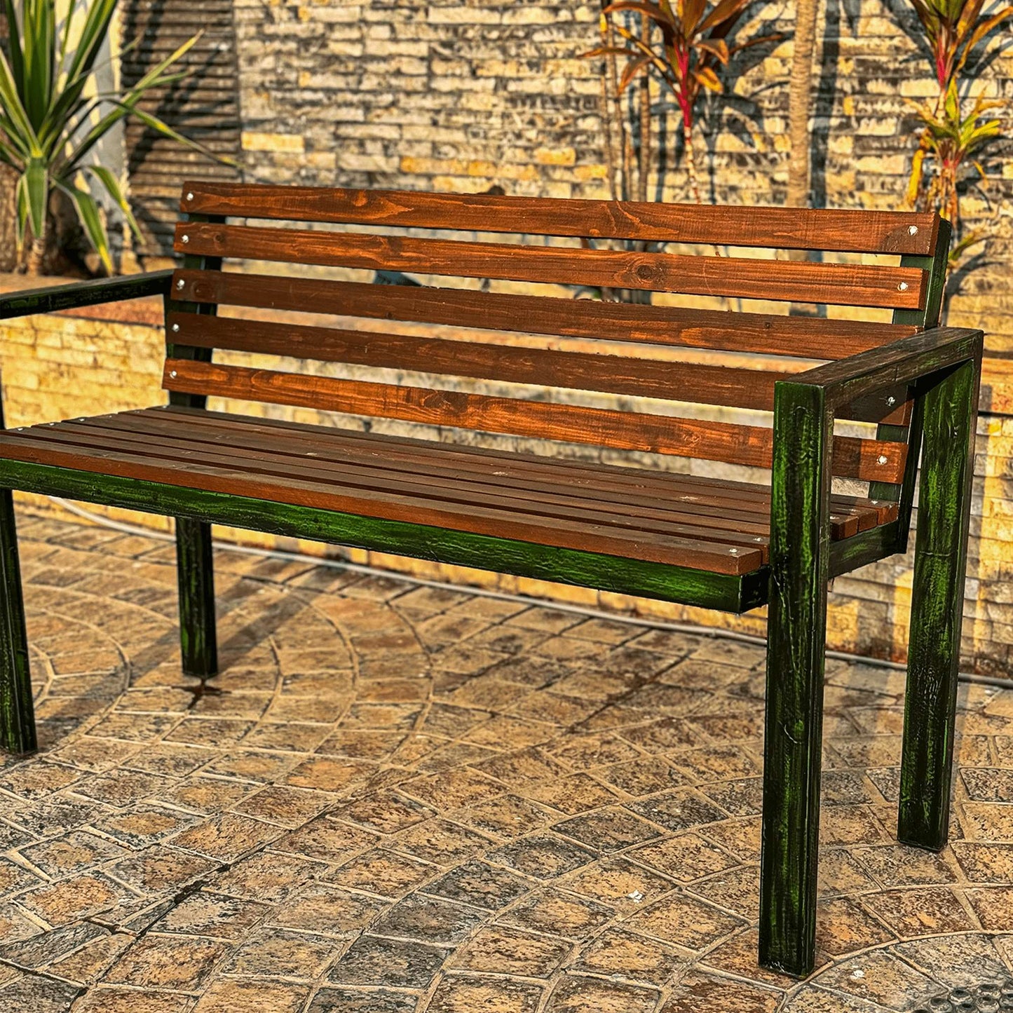 steel and wooden garden bench square shaped right